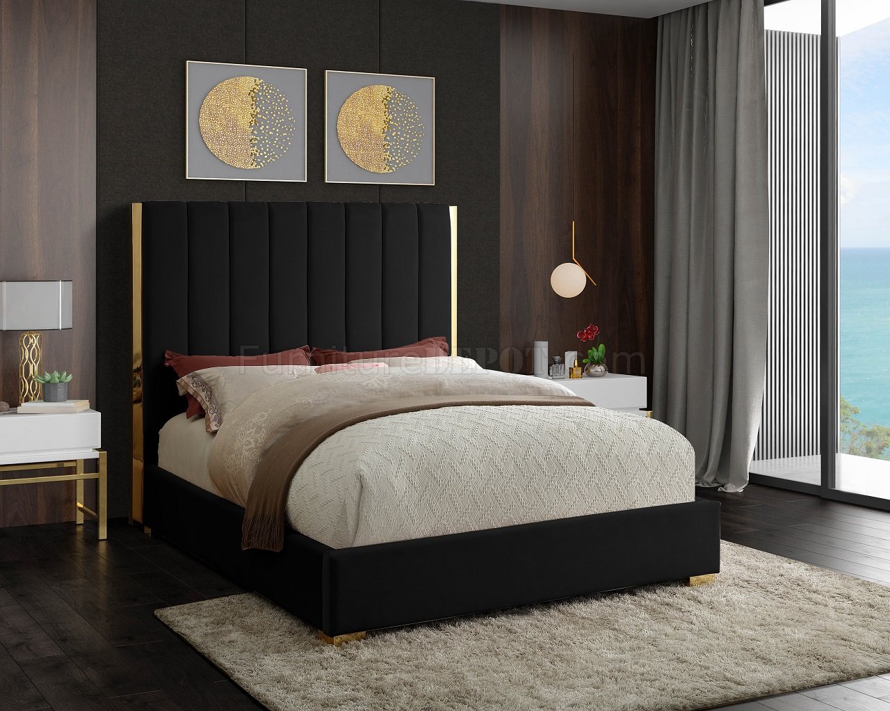 Becca Bed in Black Velvet Fabric by Meridian w/Options