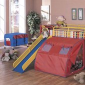 Modern Multicolor Kids Bunk Bed w/Ladder, Slide & Tent