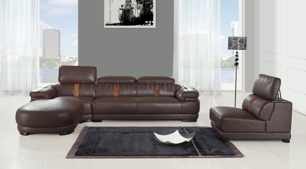 Brown Leatherette Modern Sectional Sofa w/Optional Chair