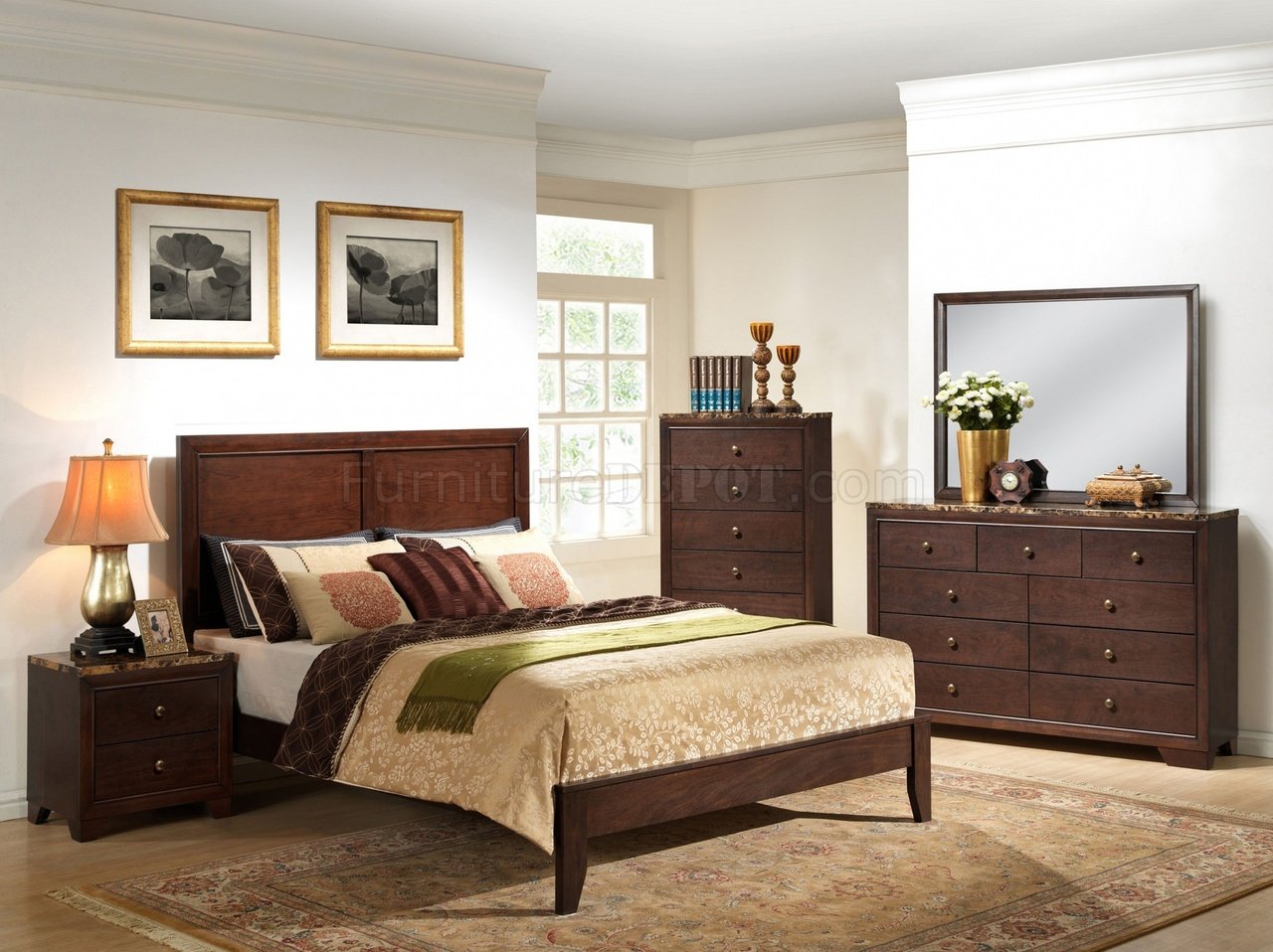 B205 Bedroom Set In Cherry Finish W Faux Marble Top Casegoods