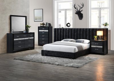 Rivas Bedroom Set 5Pc 27760 in Black by Acme w/Upholstered Bed