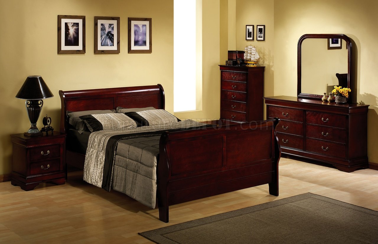 Rich Cherry Finish Louis Philippe Bedroom w/Elegant Sleigh Bed - Click Image to Close