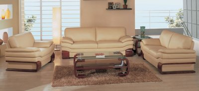 Elegant Beige Leather Living Room Set with Wooden Accents