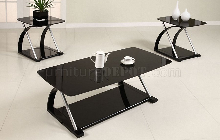 Black Glass Modern 3PC Coffee Table Set w/Metal Frame - Click Image to Close