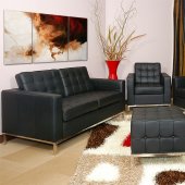Button-Tufted Black Full Leather Grande Sofa, Loveseat & Ottoman