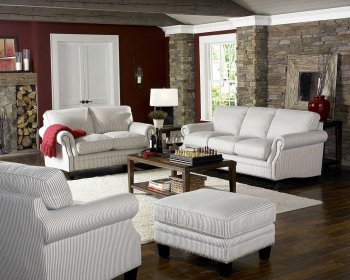 White & Blue Striped Fabric Cottage Style Sofa & Loveseat Set [HES-9857]