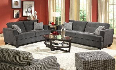 Slate Grey Chenille Stylish Sofa & Loveseat Set w/Tufted Seats