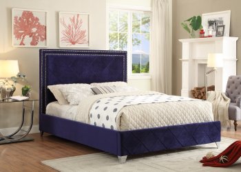 Hampton Upholstered Bed in Navy Velvet Fabric w/Options [MRB-Hampton Navy]