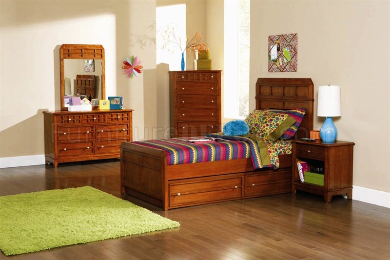 Warm Medium Brown Finish Transitional 4Pc Kid's Bedroom Set - Click Image to Close