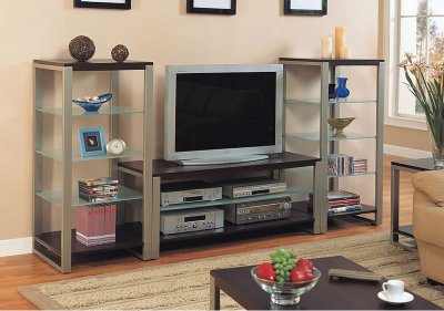 Pewter & Cappuccino Contemporary Tv Stand W/Glass Shelves