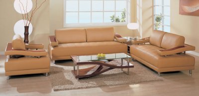 Modern Tan Leather Living Room Set with High Gloss Wooden Inlays