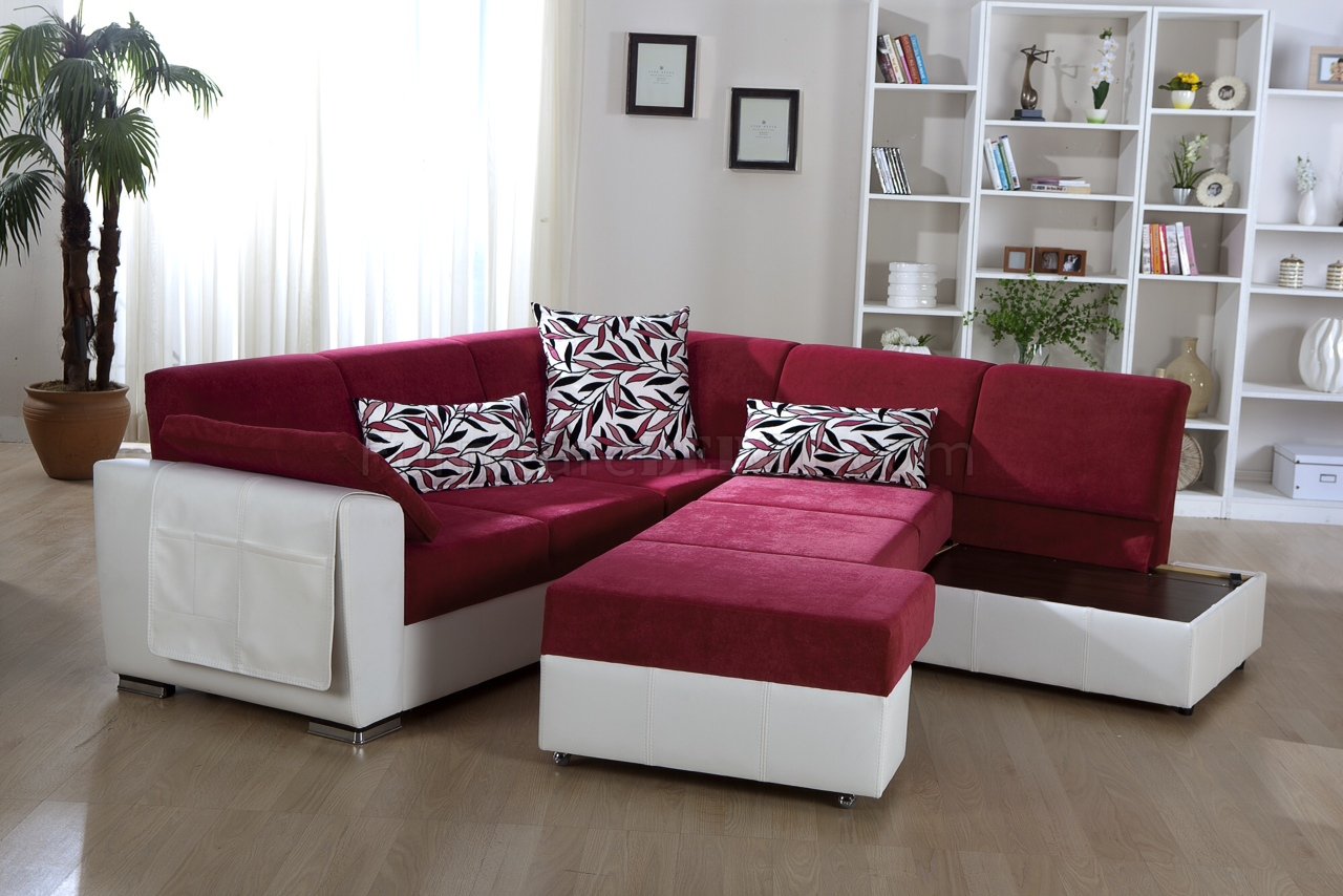 Two-Tone Pink & White Convertible Sectional Sofa w/Storage