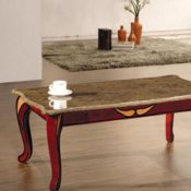 Distressed Cherry Finish Coffee Table W/Brown Marble Top