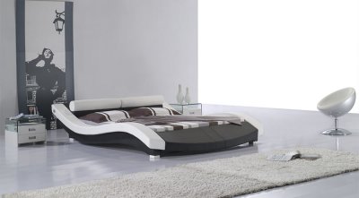Black & White Leatherette Modern Bed w/Bolster Shape Headboard