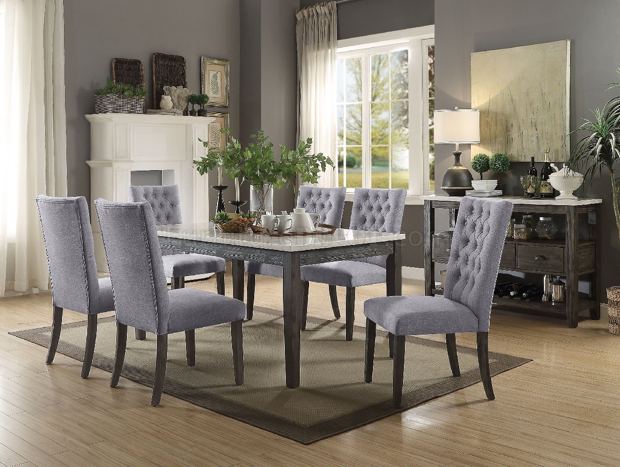 Merel 70165 7Pc Dining Set in White Marble & Gray Oak by Acme