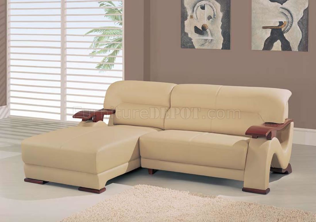 Beige Leather 2 Sofa W/Wooden Arms