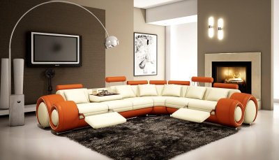 4087 Sectional Sofa in Off-White & Orange Bonded Leather by VIG