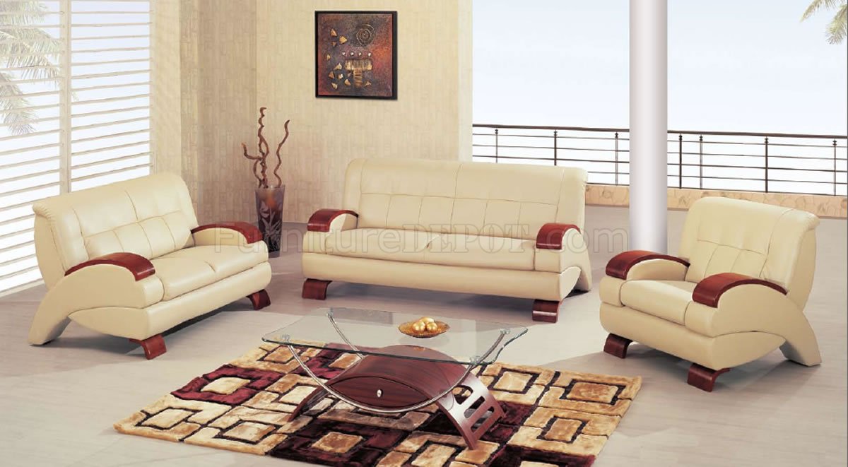 Beige Leather Modern Living Room W/Cherry Wooden Arms
