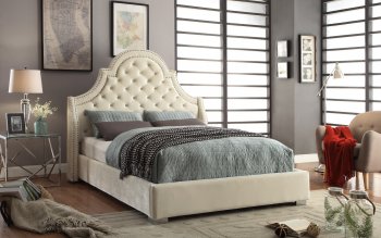 Madison Upholstered Bed in Cream Velvet Fabric w/Options [MRB-Madison Cream]