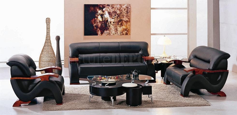Black Leather Modern 3pc Sofa Set W