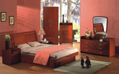 Cherry High Gloss Finish Contemporary Bedroom Set