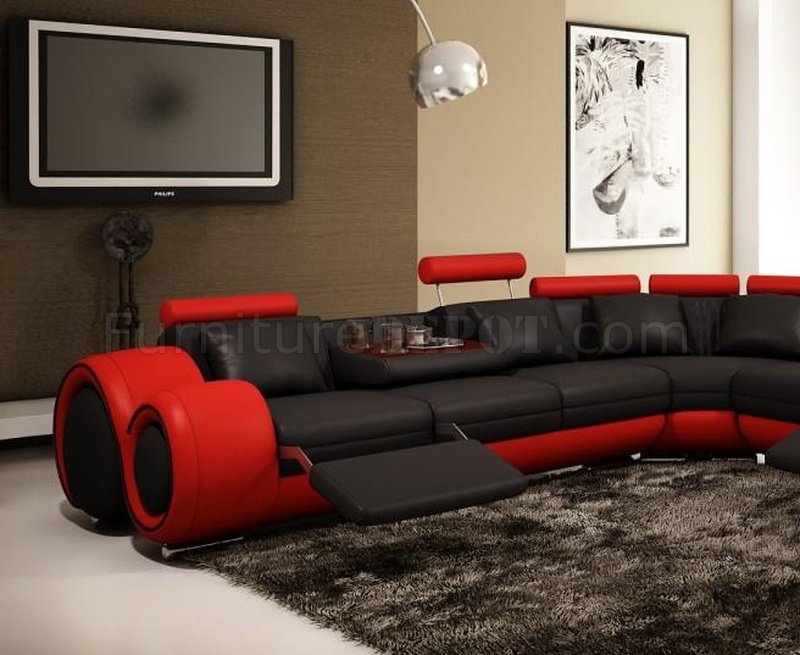 4087 Sectional Sofa In Black Red, Vig 4087 Black White Modern Leather Sectional Sofa With Recliners