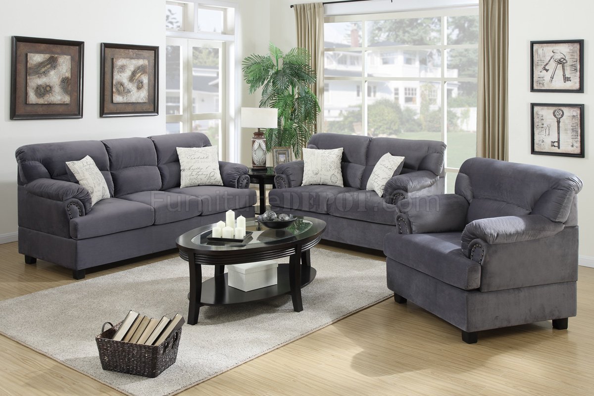 F7916 Sofa Loveseat Chair Set In Grey Fabric By Poundex