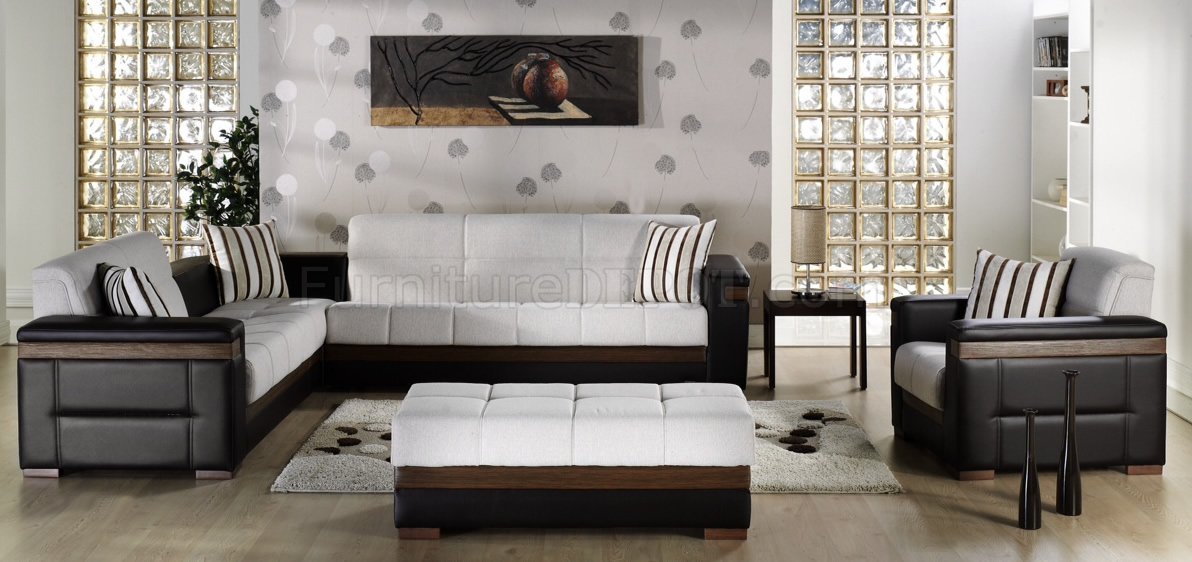 Cream Fabric & Dark Leatherette Convertible Sectional Sofa Bed - Click Image to Close