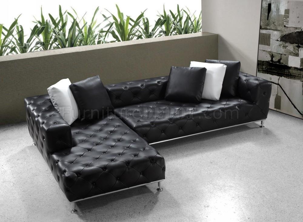 Black On Tufted Leather Modern, Contemporary Black Leather Sectional Sofa
