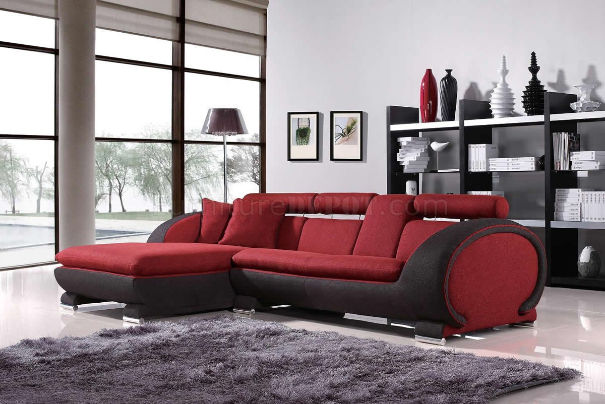 Red Fabric Two-Tone Modern Sectional Sofa w/Cup Holders