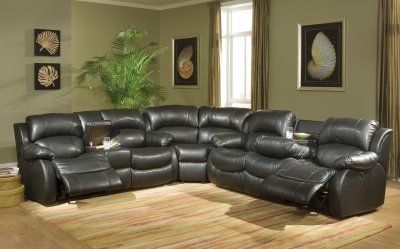 Transitional Black Bonded Leather Sectional w/Recliner Mechanism