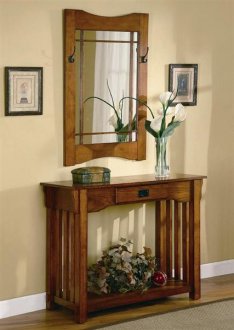 Oak Finish Mission Style Entry Way Table & Mirror