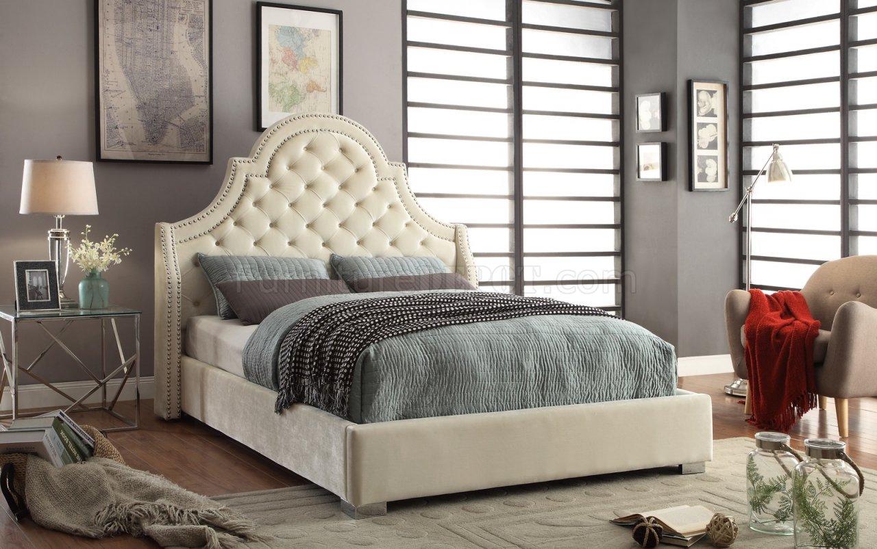 Madison Upholstered Bed in Cream Velvet Fabric w/Options - Click Image to Close