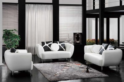 White Bonded Leather Modern 3Pc Sofa Set w/Accent Pillows