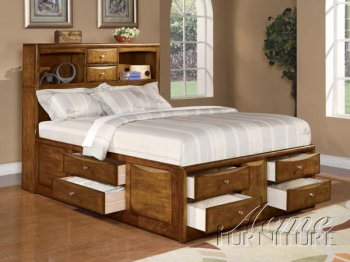 Oak Finish Classic Traditional Bed w/Storage Drawers [AMBS-14210]