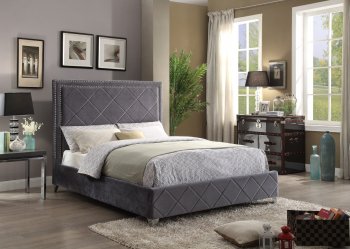 Hampton Upholstered Bed in Grey Velvet Fabric w/Options [MRB-Hampton Grey]