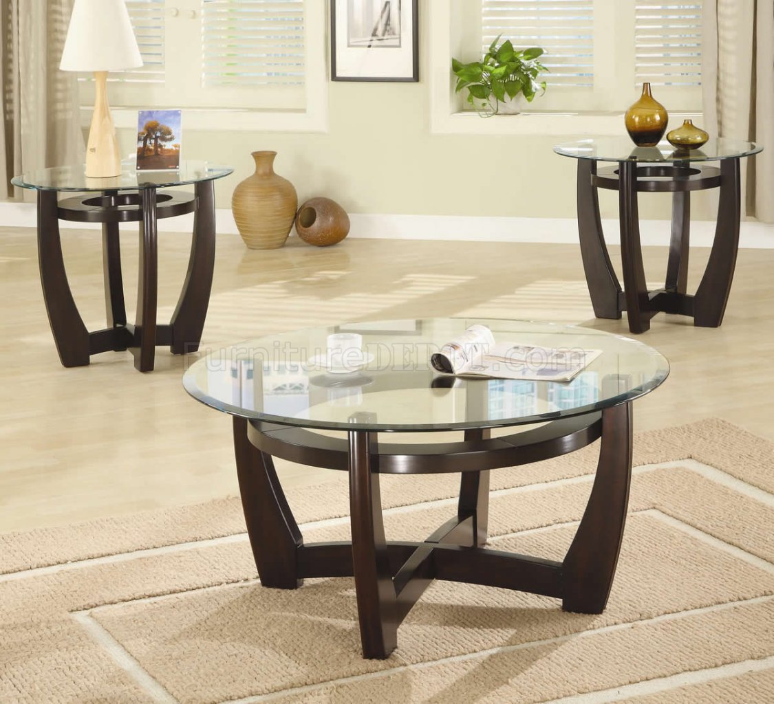 Glass Top Modern 3pc Coffee Table Set, Round Glass Coffee Table Wooden Legs