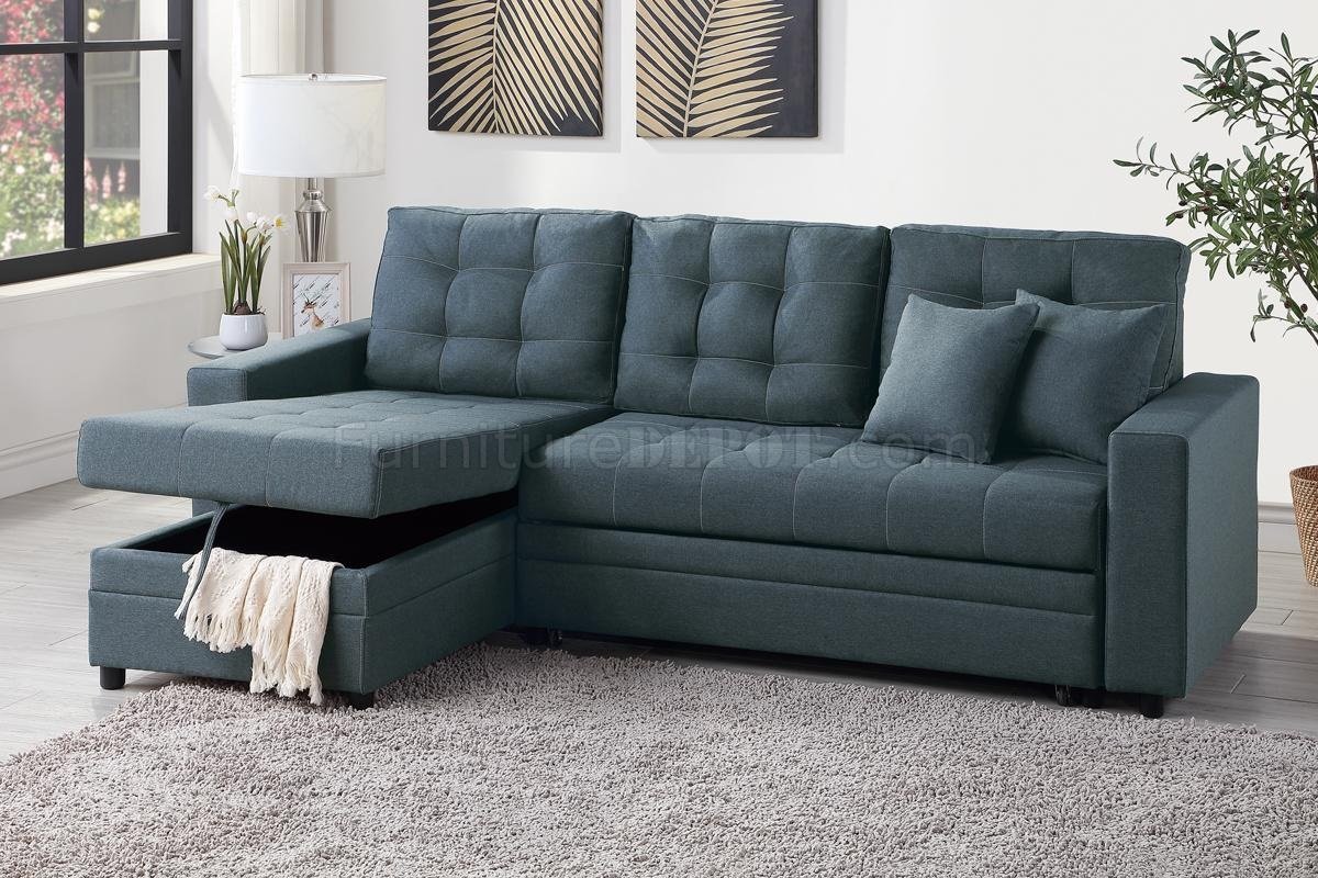 F6593 Convertible Sectional Sofa Bed In Blue Grey By Poundex