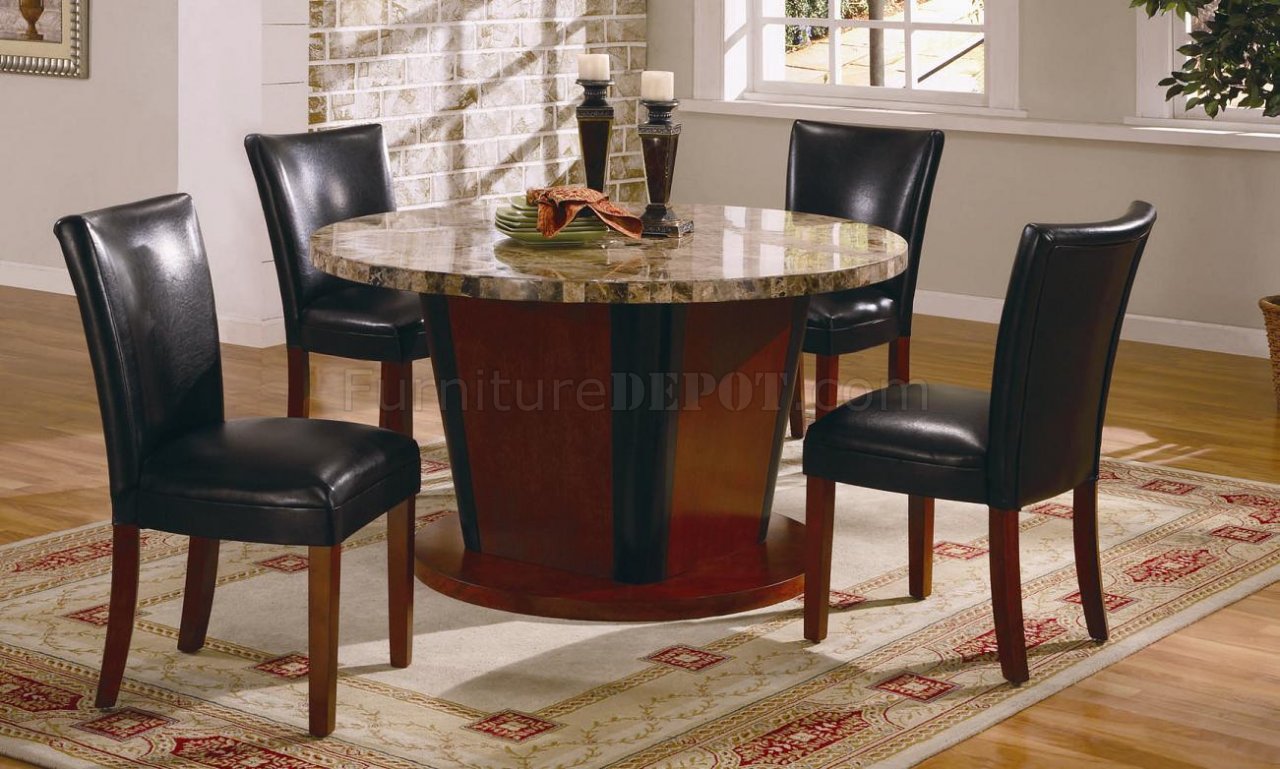 Black and brown round dining table Round Genuine Marble Dining Room Furniture W Leather Seats