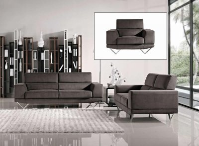 Grey Fabric Modern 3Pc Sofa, Loveseat & Chair Set w/Metal Legs
