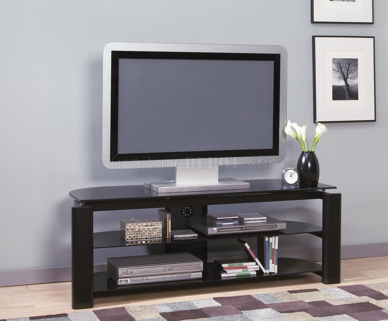 Black Glass & Metal Modern TV Stand w/Storage Shelves