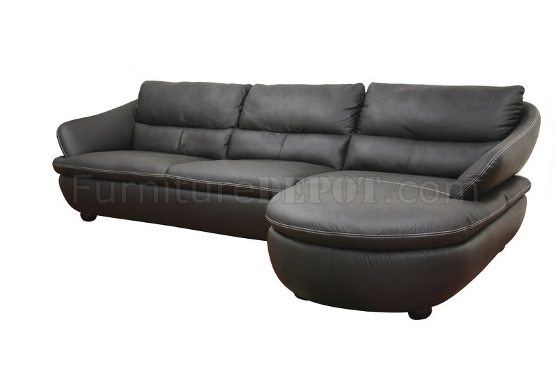 Black Leather Contemporary Sectional Sofa w/White Stitching - Click Image to Close