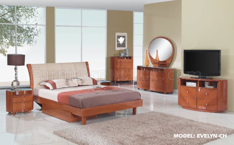 Cherry Finish Modern Bedroom w/Bicast Headboard & Options - Click Image to Close