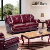 Burgundy Leather Stylish Living Room W/Cherry Wooden Trims