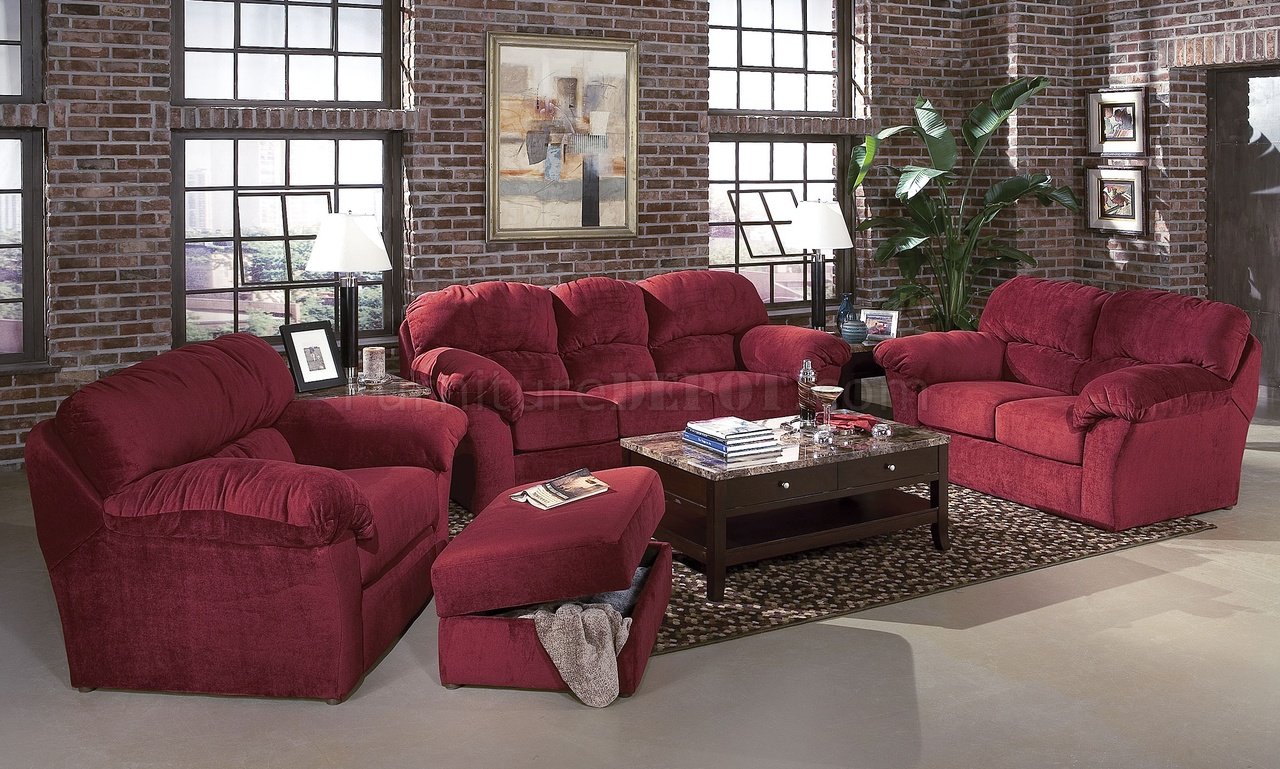 Burgundy Fabric Transitional Living Room W Sewn On Arm Pillows