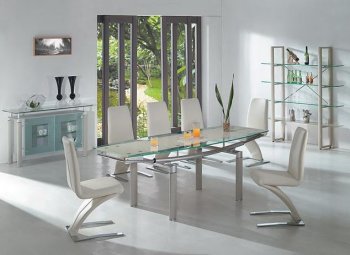 Beige Modern Stylish Glass Top Dining Table w/Extension Leaf [AEDS-108DT&108DC-Beige]