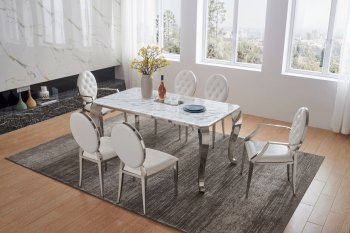 110 Dining Table by ESF w/Marble Top & Optional White Chairs [EFDS-110-110 White]