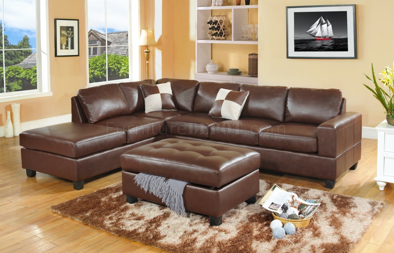 Brown Bonded Leather Modern Sectional, Sectional Sofa With Chaise And Storage Ottoman