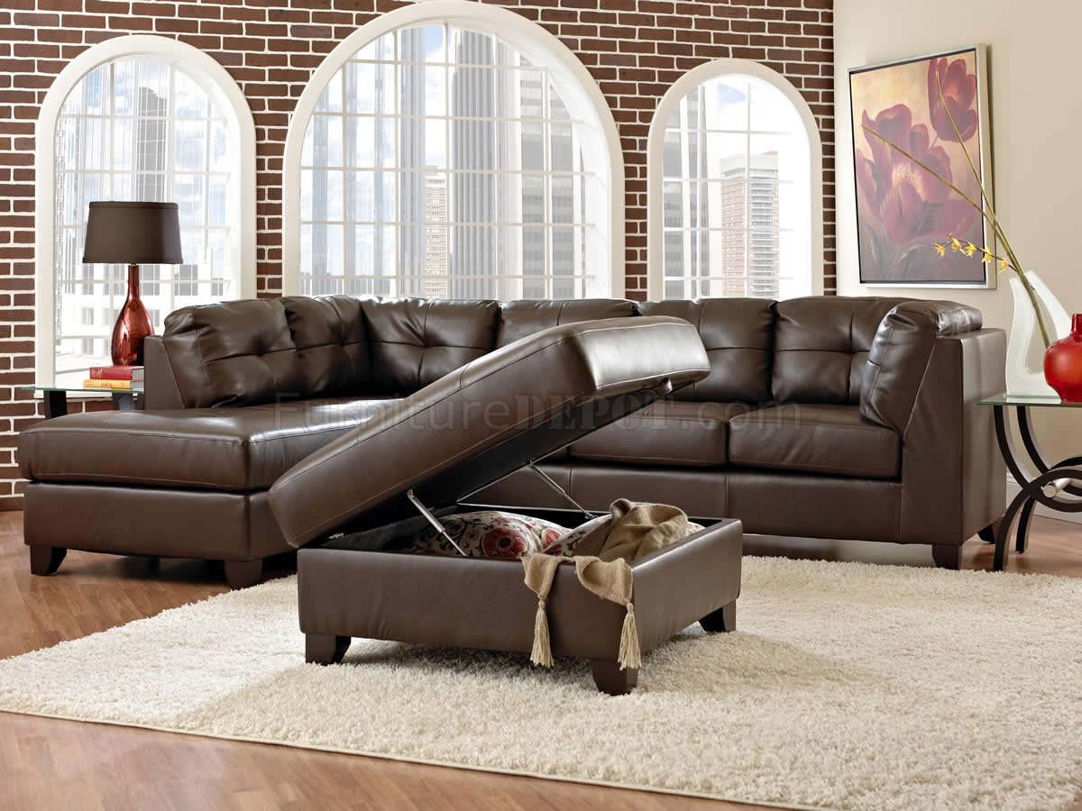 Brown Bonded Leather Affordable Sectional w/Optional Ottoman - Click Image to Close