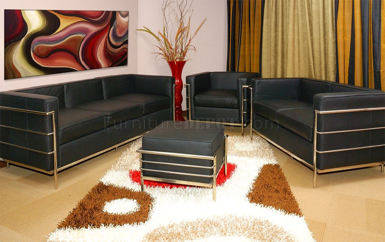 Le Corbusier Style Grande Sofa, Loveseat & Chair Set in Black - Click Image to Close